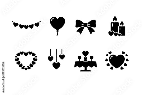 Black silhouette set of romantic icons with hearts, balloon, bow, candles, wreath, hanging ornaments, dinner table and love symbols on white