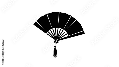 Black folding hand fan with tassel isolated on white background.