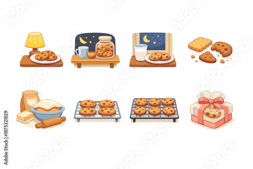 Cozy illustrated set of chocolate chip cookies with milk and tea, baking ingredients, cooling racks, and a wrapped gift on a night background