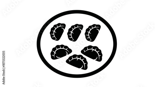 Dumpling Icon on Plate, Black and White Vector Illustration.