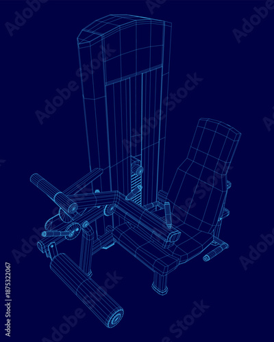 A 3D blueprint of a recliner chair on a blue background details its seated design, leg position, and curl trainer mechanism for home exercisers.