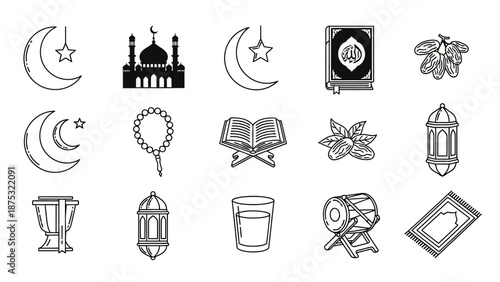 Outline icon collection showcasing Islamic religious and cultural symbols, ideal for Ramadan and Eid, including mosques, Qurans, crescent moons, and traditional elements