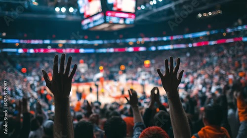 Crowd of fans raises hands to cheer during an intense basketball match at a busy arena with bright lights and large screens