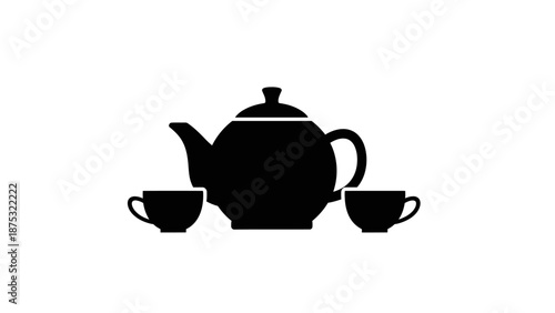 Elegant black teapot with two matching cups on a white background, perfect for tea time.