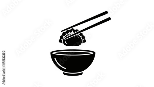 Minimalist illustration of a dumpling being picked up with chopsticks over a bowl.