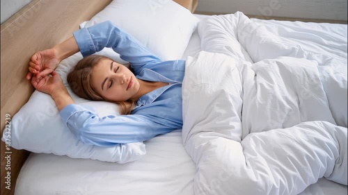 Young woman sleeping in bed, comfort mattress and pillow