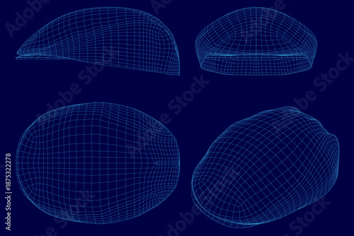 A set of four 3D wireframe hard hat models on a blue background, rendered with a realistic leather texture and paddy cap style.