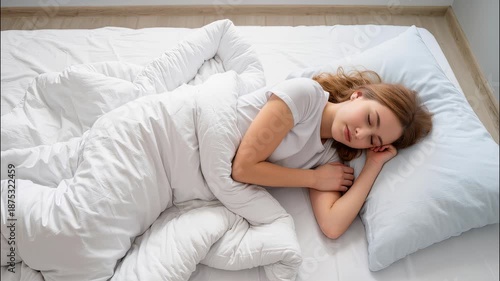 Young woman sleeping in bed, comfort mattress and pillow