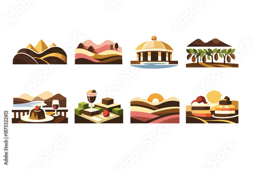 Set of stylized desert landscape icons featuring dunes, hills, domed pavilion, oasis trees, village scene, food and drink, and sunset horizons