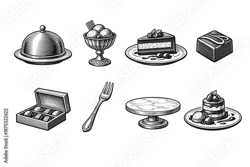 Vintage engraved dessert and dining illustrations featuring cake slices, pastries, chocolate box, serving dome, fruit bowl, fork, and cake stand
