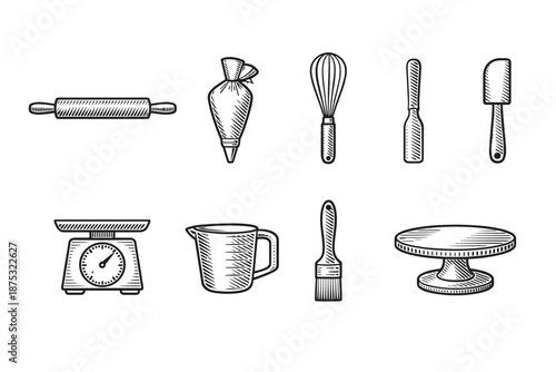 Hand-drawn baking utensil set in vintage engraving style, featuring rolling pin, piping bag, whisk, spatulas, scale, measuring cup, brush, and cake stand