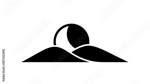 Minimalist illustration of sun rising over hills in black and white.