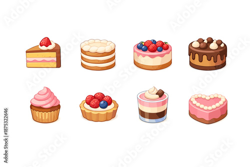 Set of cute dessert icons featuring cakes, cupcakes, tarts, parfaits, and layered pastries with berries, chocolate, and cream on white