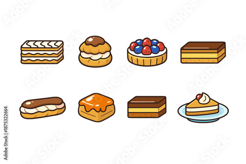 Cute illustrated assortment of dessert pastries and cakes including eclair, layered slices, cream puff, berry tart, caramel pastry, and cheesecake