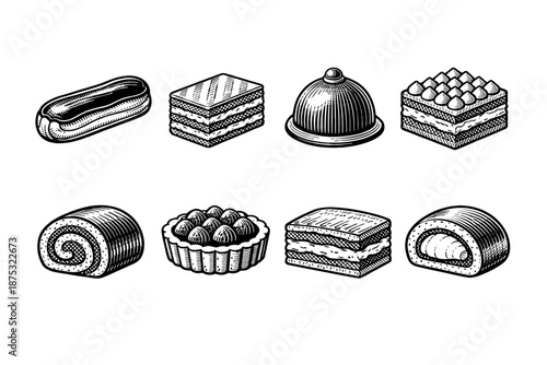 Vintage black and white hand-drawn pastry and dessert set featuring cake slices, roll cakes, layered sweets, fruit tart, and covered dish icons