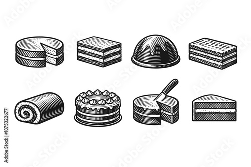 Vintage engraved set of desserts and pastries including cheesecake slices, layered wafers, jelly mold, Swiss roll, frosted cake, and tart illustration