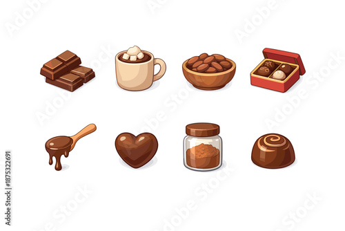 Collection of cute chocolate and cocoa icons including chocolate bars, hot cocoa mug, cocoa beans bowl, assorted truffles, syrup spoon, and jar