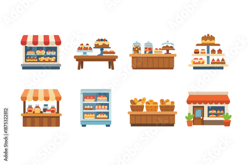 Flat vector set of bakery storefronts and pastry displays with cakes, bread baskets, counters, shelves, and awnings in colorful cartoon style
