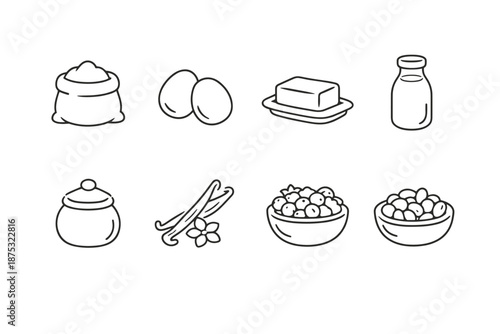 Minimal line art set of breakfast ingredients featuring flour bag, eggs, butter, milk bottle, sugar jar, vanilla pods, and cereal bowls