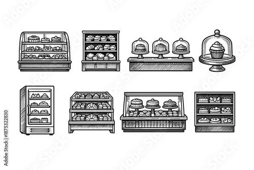 Vintage bakery display cases and pastry shelves set, hand-drawn line art collection featuring cakes, cupcakes, donuts, breads, and desserts