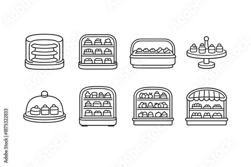 Minimal line icons of bakery display cases and cake stands showing assorted pastries under domes and in refrigerated cabinets for dessert shop UI