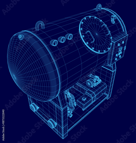 A detailed 3D wireframe blueprint of a steam engine, featuring its vacuum system, station, and tank components on a solid blue background.