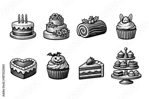 Vintage black and white hand-drawn dessert illustration set featuring cakes, cupcakes, roll cake, slice of cake, and tiered pastry stand
