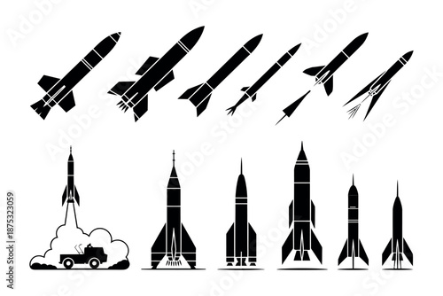 Ballistic Missile and rocket arsenal array for military defense and strategic weaponry concept