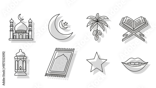 A Diverse Collection of Islamic Culture and Religious Line Art Icons Featuring Mosques, Crescents, Quran, Prayer Mats, and Lanterns for Ramadan and Eid Celebrations