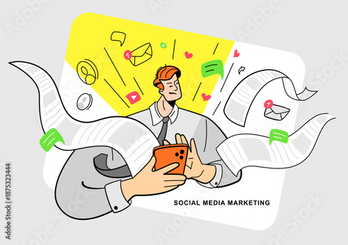 Social media marketing intrusion and obsession. Vector illustration of upset man with smartphone in his hands declining intrusive online news and ads