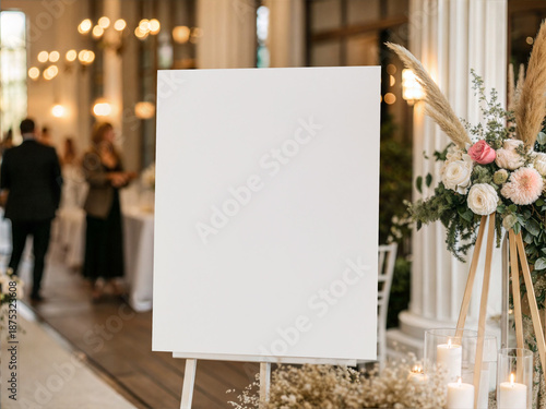 Foto Blank 16x20 white canvas mockup on wooden easel at wedding reception