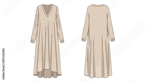 A relaxed fit long-sleeved midi dress design with a V-neckline and flowing silhouette in neutral tone