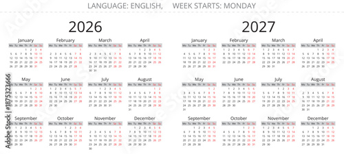 2027 and 2026 english calendars. Vector year illustration. Week starts monday