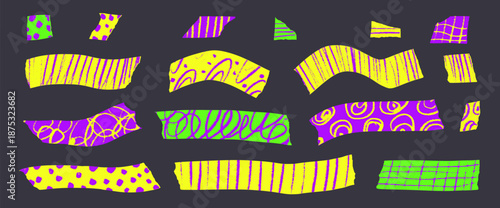 Colorful neon washi tape collection with decorative paper strips, sticky masking elements, and school kids vibrant scrapbook stickers for creative craft projects and journal decoration. Vector memo.