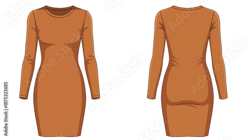 Sophisticated long-sleeve bodycon dress in earthy brown hue, front and back views, ideal for fashion design and apparel showcasing minimalist