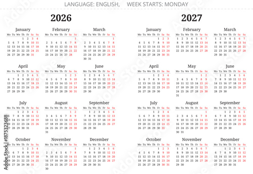 2026 and 2027 english annual calendars serif font. Vector year illustration. Week starts monday