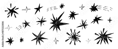 Charcoal drawn magic stars kids icons set. Twinkles black linocut or pencil spark. Handmade scribble sparkles collection. Kids marker stickers blinks. Christmas simple vector asterisk element isolated