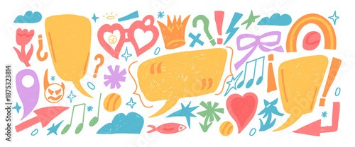 Crayon funky doodles collage cutouts elements set. Speech bubbles with music note, crown, hearts. Callouts text boxes with inverted spanish punctuation mark. Vector naive scribbles isolated no bg.