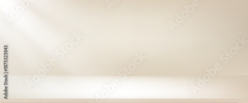Studio nacre beige background with step and daylight. Neutral colors warm wall product room. Minimal pastel table scene. Empty step shelf stage for presentation. Vector creamy gradient illustration.