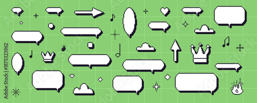 Pixel dialogue boxes set. 8 bit y2k speech bubbles set. Game pixel art chat text boxes with crown, music note, arrows. Vector talk frames balloons messages set isolated on green grid background.