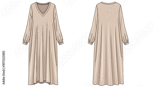 Technical illustration of a relaxed beige V-neck long-sleeve maxi dress, showing front and back views, ideal for fashion design, pattern making, and