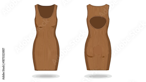 Stylish women's ribbed knit bodycon mini dress front and back vector illustration featuring an open back perfect for fashion design concepts and