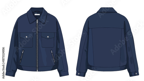 Navy blue casual utility jacket flat sketch front and back view full zipper closure chest and slant pockets classic collar design modern outerwear