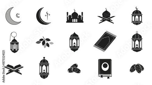 A comprehensive collection of monochrome Islamic and Ramadan symbols, featuring essential cultural and religious icons for Muslim traditions and celebrations