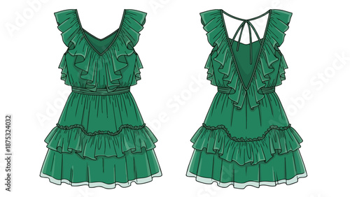 Elegant emerald green ruffled dress flat sketch showcasing front and back design details