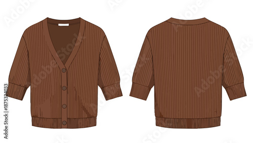 Complete technical fashion drawing presenting both front and back views of a stylish brown ribbed knit cardigan featuring a comfortable v-neckline