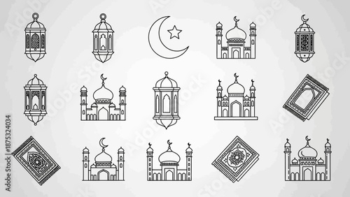 Islamic cultural symbols including mosques, lanterns, crescent moon, and holy book for Ramadan and Eid celebrations