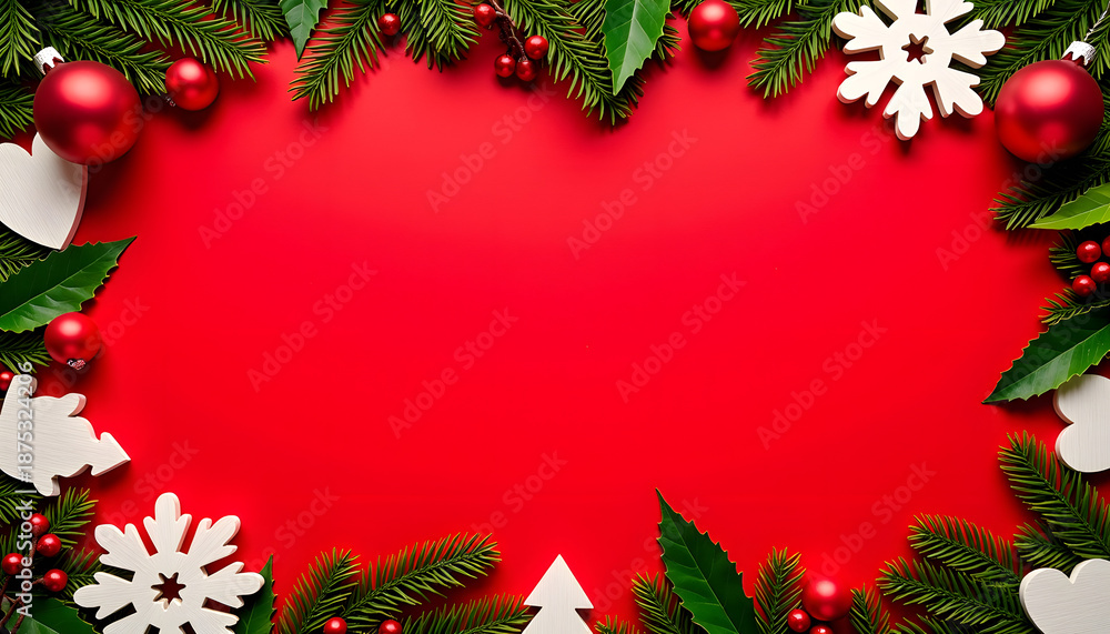 Fototapeta premium Red Christmas wreath frame of fir branches red berries baubles snowflakes and hearts on red background