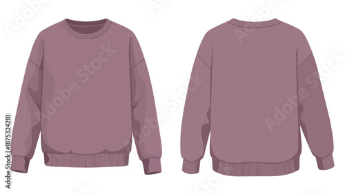 Flat vector illustration of a comfortable plain purple crewneck sweatshirt, showcasing both front and back views for versatile design mockups and