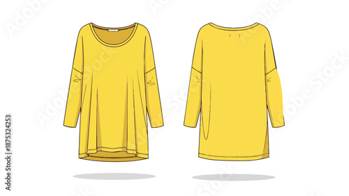 Sunny yellow relaxed fit long sleeve tunic top fashion illustration showcasing front and back views a comfortable and versatile casual garment